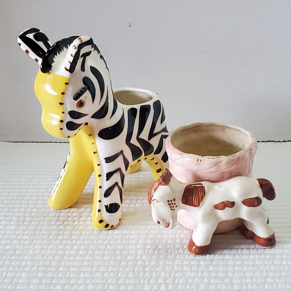 2 Planters Horse Zebra Pot Ceramic Small Vintage MCM 5.5" & 2.5"  1950s Japan